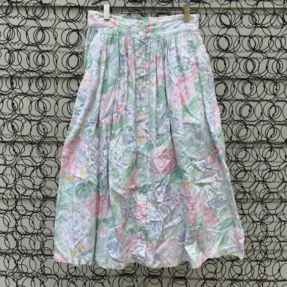 Vintage Dresses & Skirts - Charter Club Pastel Floral A-Line Yoke Button Front Skirt Pockets Cottagecore 8